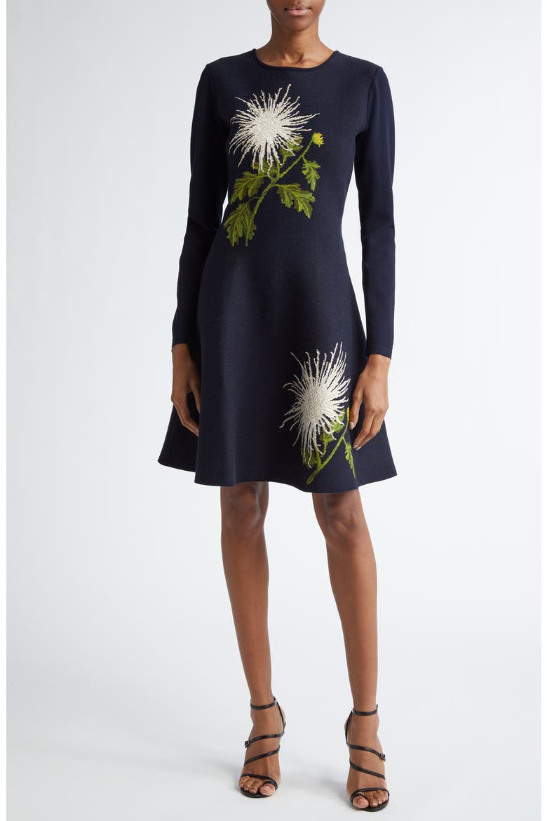 Chrysanthemum Jacquard Fit & Flare Minidress, Main, color, WHITE/ NAVY
