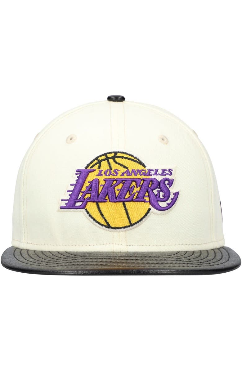 New Era Men's New Era White/Black Los Angeles Lakers Faux Leather Visor Two-Tone 59FIFTY Fitted Hat, Alternate, color, White