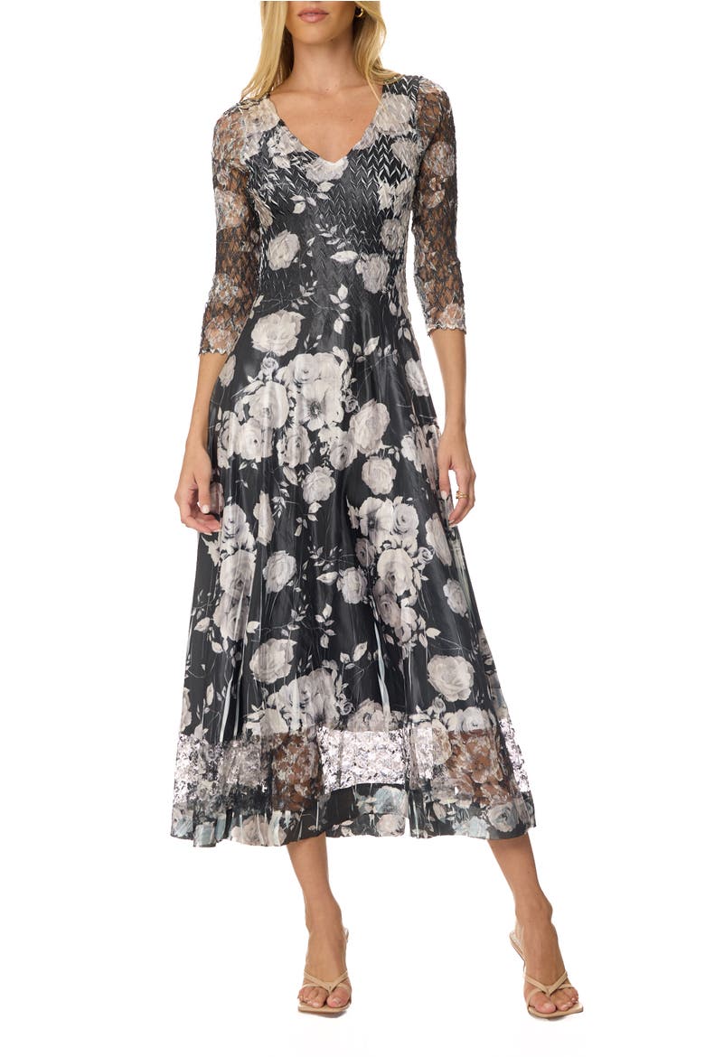 Floral Dress with Lace Sleeves, Main, color, Night Rose
