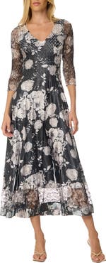 Komarov Floral Dress with Lace Sleeves