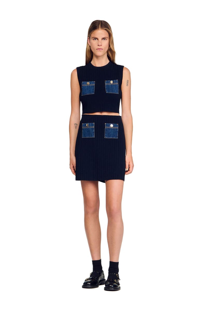 SANDRO Knit and denim top, Alternate, color, Navy Blue