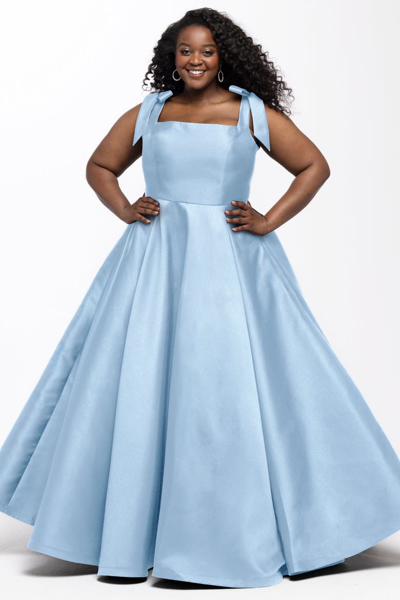 Satin Plus Size A-Line Formal Gown with Bows, Main, color, Light Blue