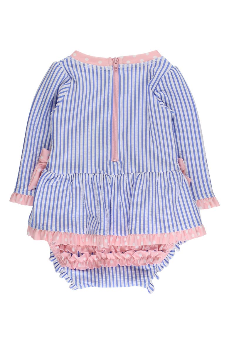 UPF50+ Seersucker Long Sleeve One Piece Bow Peplum Rash Guard Swimsuit, Alternate, color, Periwinkle Blue Seersucker