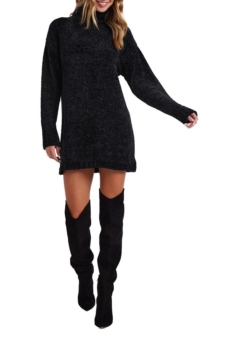 Turtleneck Long Sleeve Sweater Minidress, Main, color, BLACK