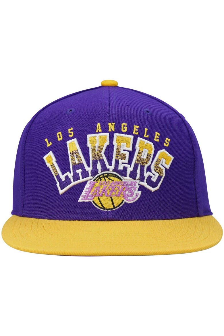 Men's Mitchell & Ness Purple/Gold Los Angeles Lakers Hardwood Classics Gradient Wordmark Snapback Hat, Alternate, color, Purple