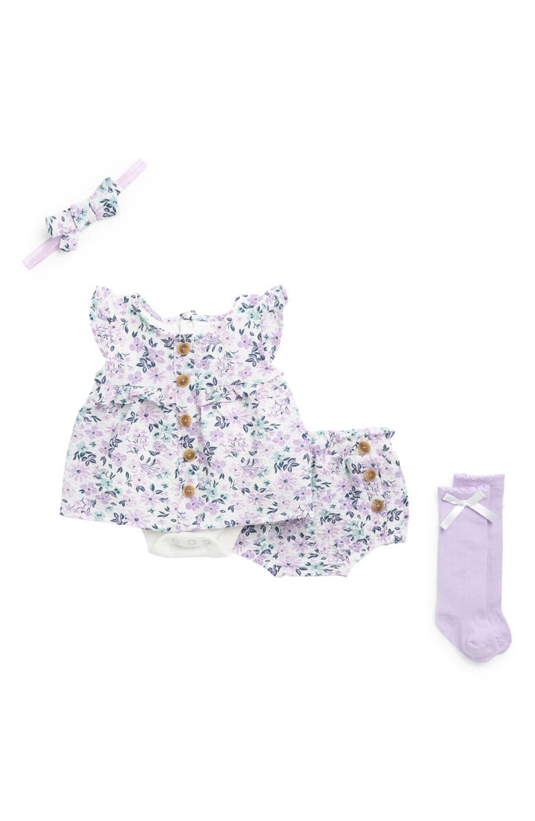 Nicole Miller Skirted Bodysuit, Bloomers, Socks & Headband Set, Main, color, 