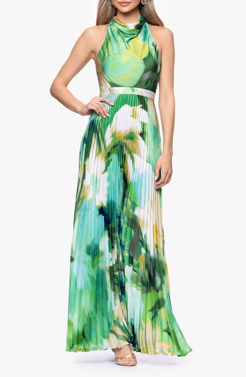 Cowl Neck Print Pleated Halter Gown (Petite)