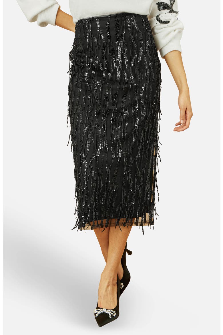 Hanging Sequin Fitted Midi Skirt, Main, color, Black