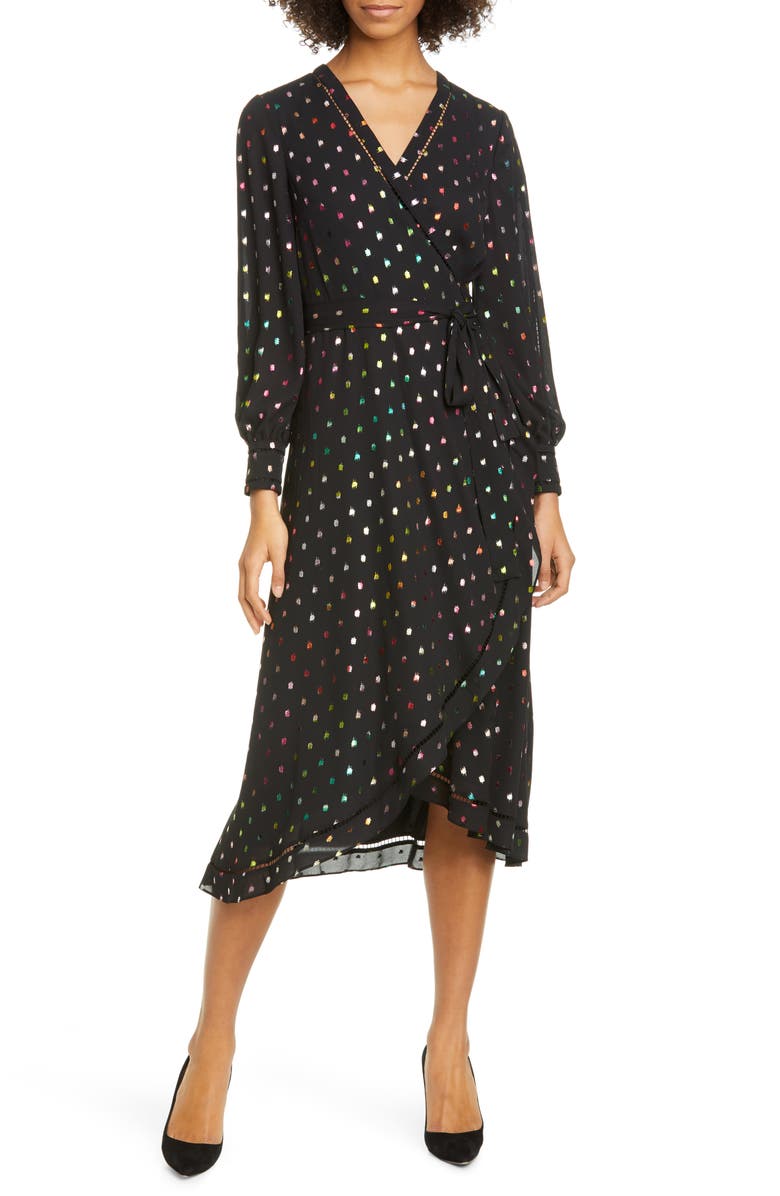 Ted Baker London Tansie Metallic Dot Long Sleeve Wrap Dress, Main, color,