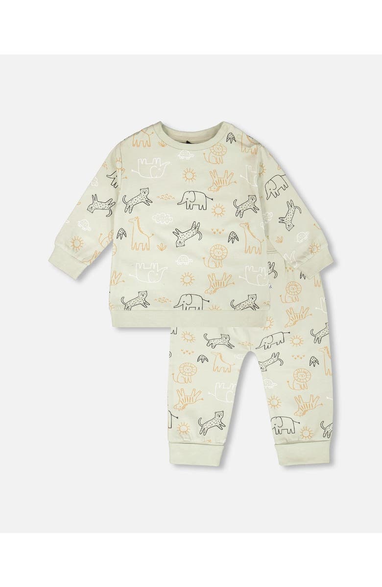 Deux par Deux Organic Cotton Jersey Animal Print Sweater and Pants Set, Main, color, Sage Green Animal Print