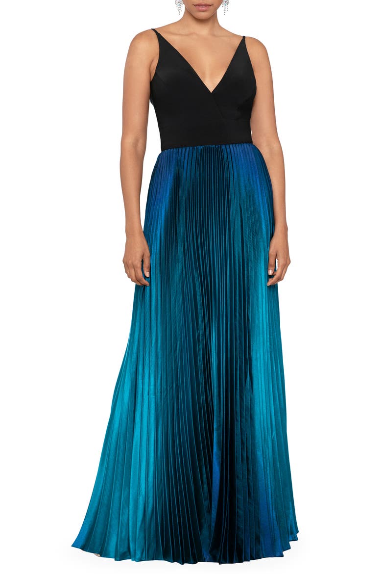 Ombré Pleated Gown, Main, color, BLACK/ TEAL