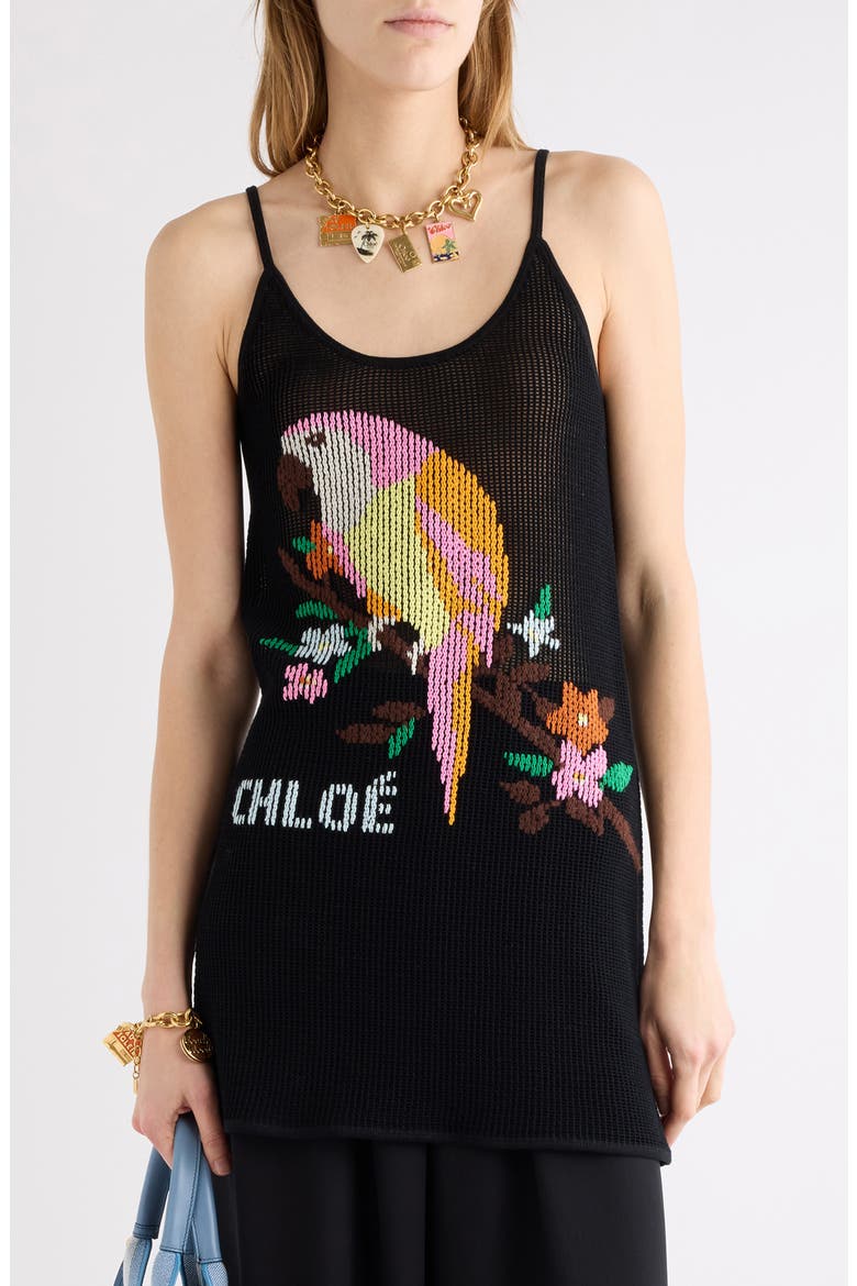 Parrot Mesh Sleeveless Cotton Minidress, Main, color, BLACK