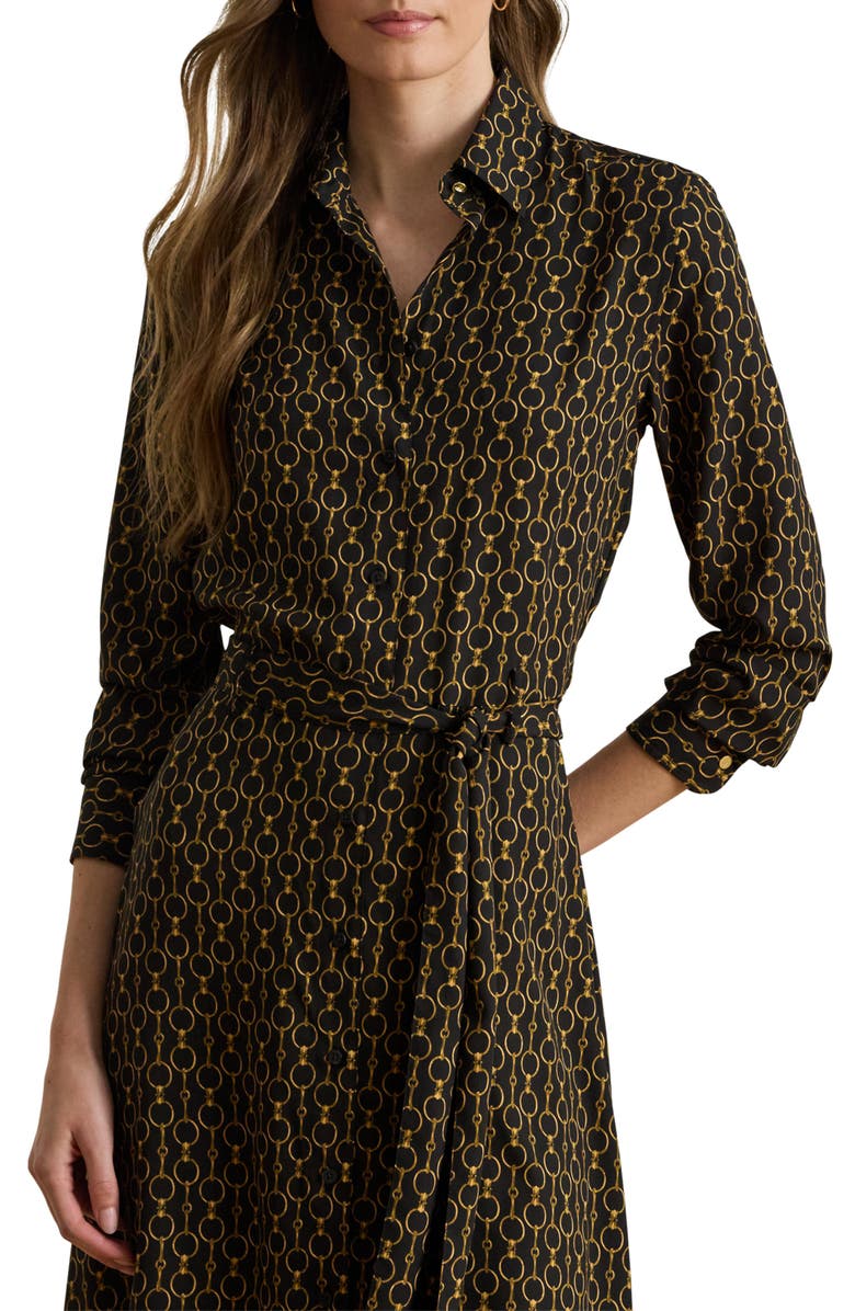 Lauren Ralph Lauren Chain Print Tie Waist Long Sleeve Crepe Shirtdress, Alternate, color, Black Multi