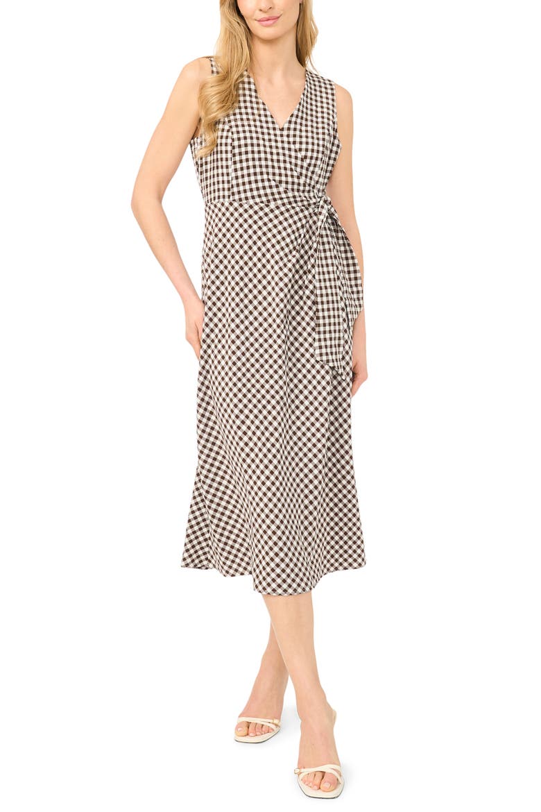 Gingham Sleeveless Faux Wrap Dress, Main, color, CHICORY COFFEE