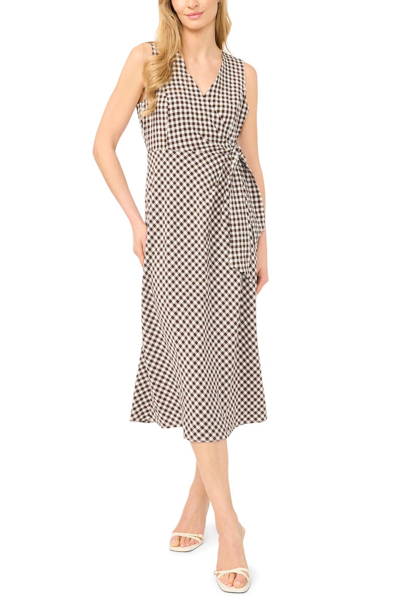 Halogen<sup>®</sup> Gingham Sleeveless Faux Wrap Dress, Main, color, Chicory Coffee