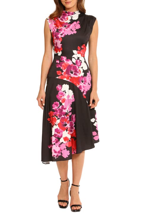 Floral Funnel Neck Asymmetric Hem Dress