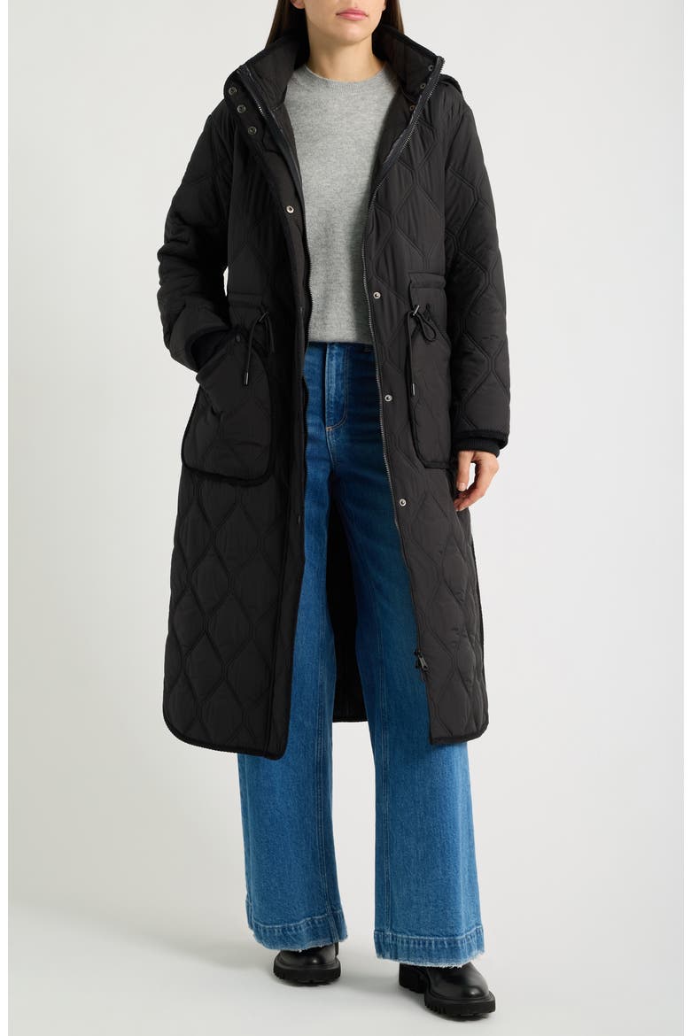 Hooded Diamond Quilted Long Coat, Alternate, color, BLACK