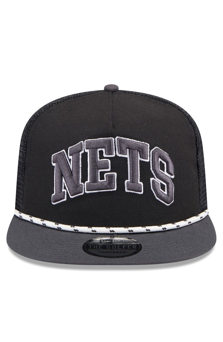 New Era Men's New Era Black/Charcoal Brooklyn Nets Throwback Team Arch Golfer Snapback Hat, Alternate, color, Black