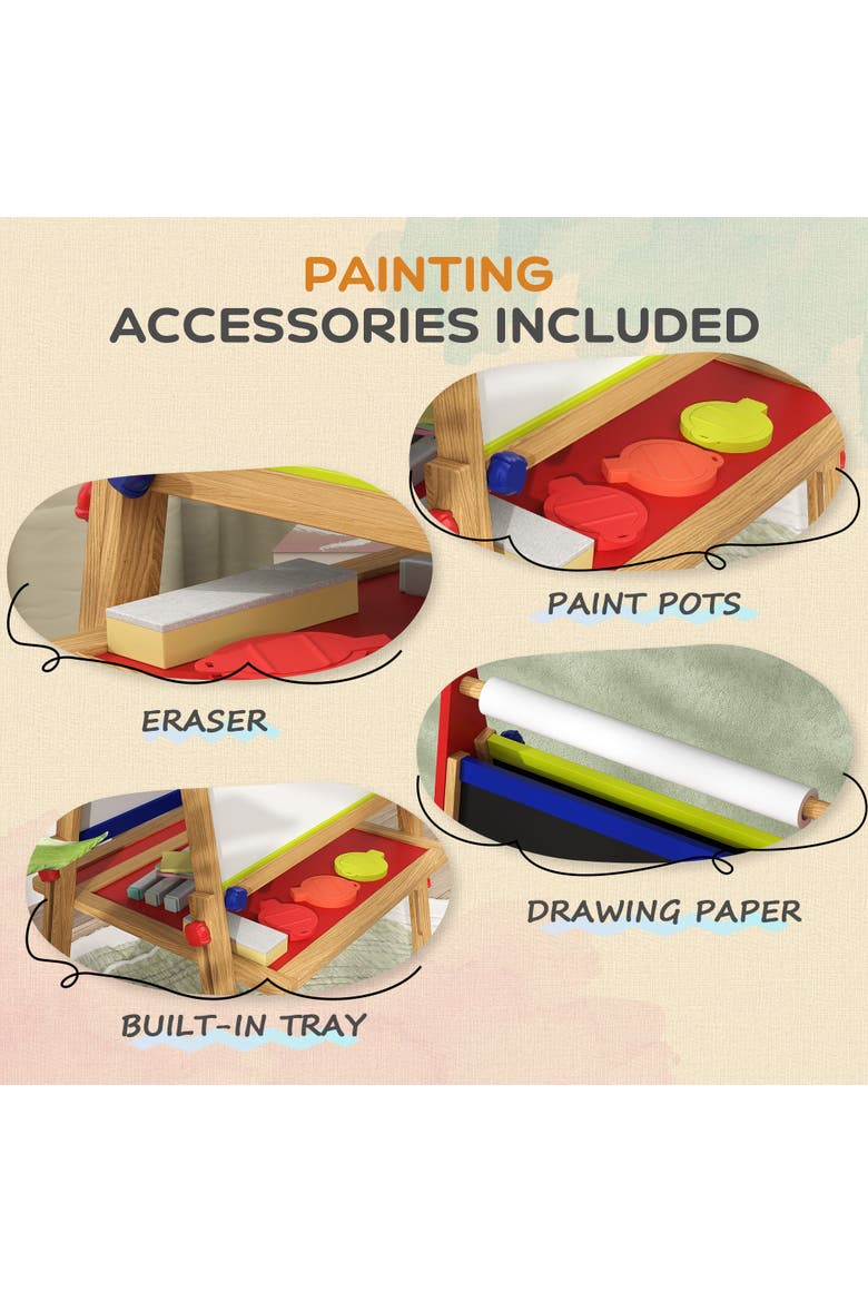 Kids 3-in-1 Art Easel with Paper Roll, Whiteboard, Chalkboard, Alternate, color, Natural Wood