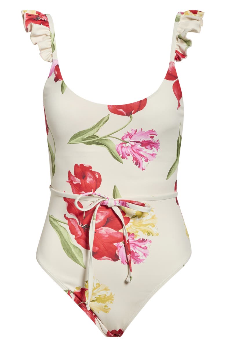 Hutch Materson Belted Ruffle One-Piece Swimsuit, Alternate, color, Ivory/ Multi