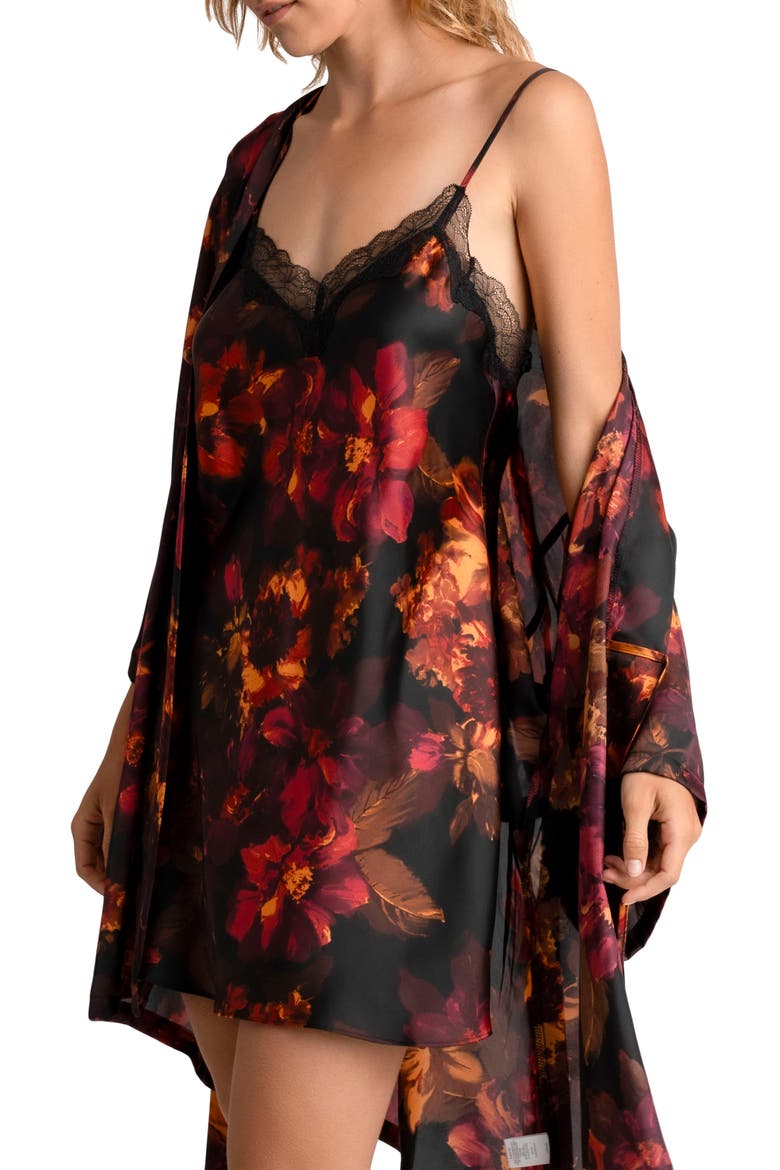 Dylan Floral Print Lace Trim Satin Chemise, Alternate, color, BLACK
