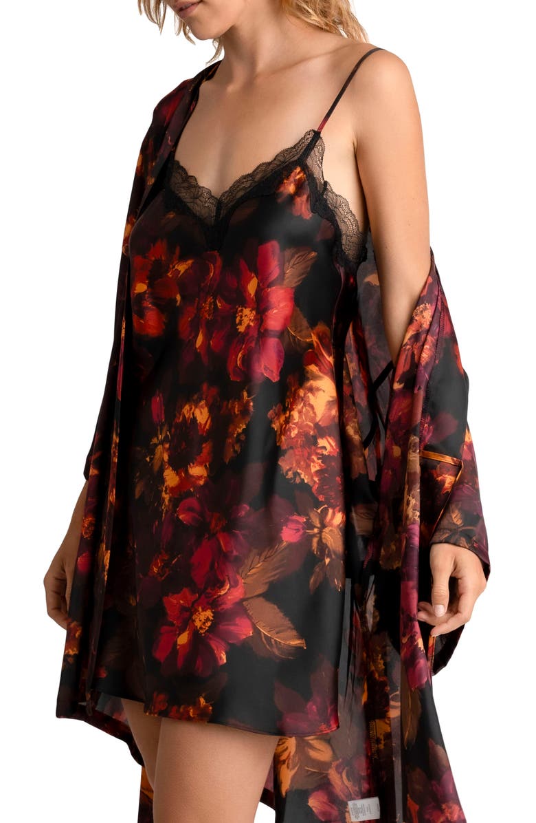 Midnight Bakery Dylan Floral Print Lace Trim Satin Chemise, Alternate, color, 