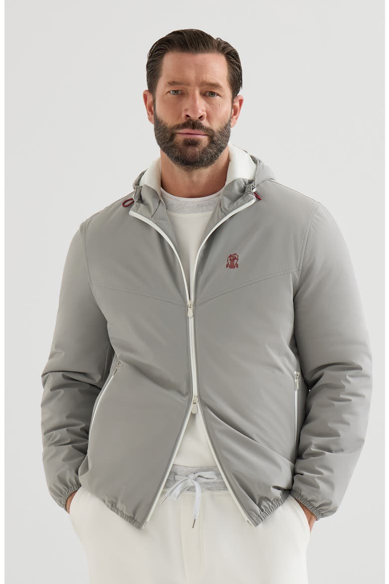 Bonded nylon hooded outerwear jacket with Thermore® padding and logo, Main, color, Grey