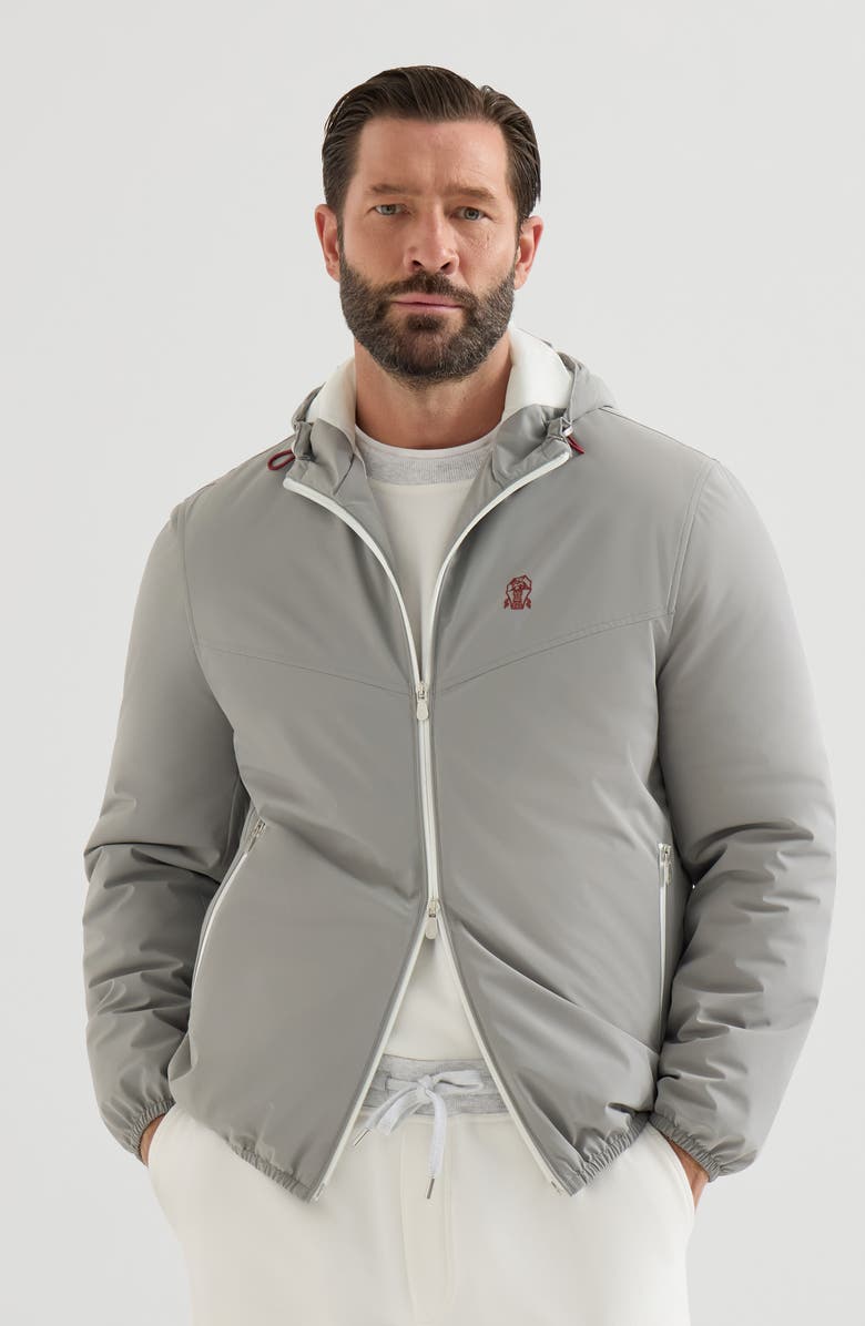 Brunello Cucinelli Bonded nylon hooded outerwear jacket with Thermore<sup>®</sup> padding and logo, Main, color, Grey