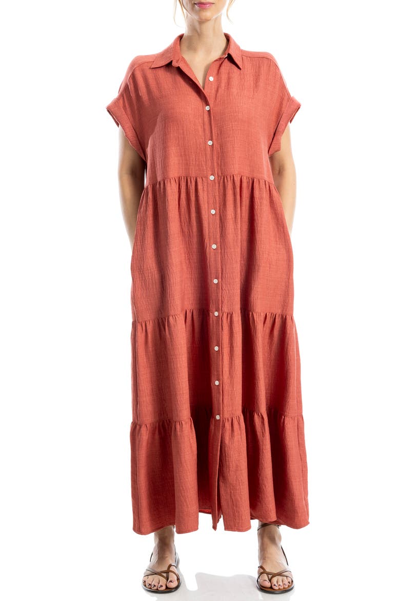 Short Sleeve Tiered Maxi Shirtdress, Alternate, color, HEATHER WASHED RED