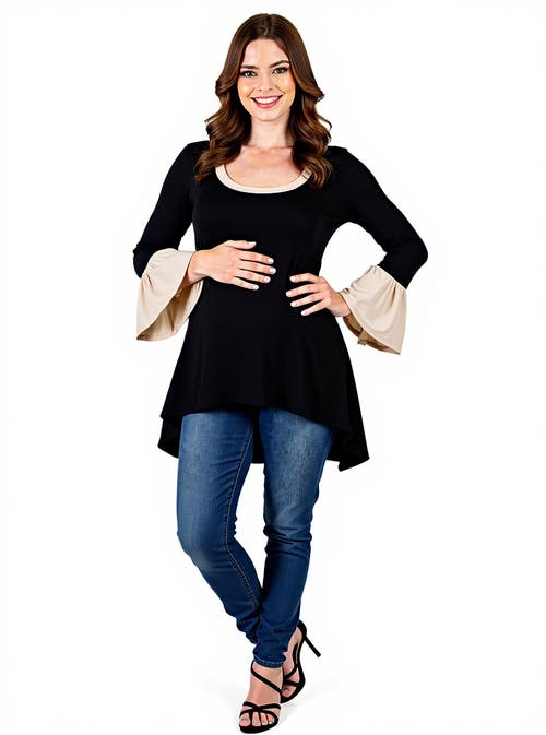 24seven Comfort Apparel Swing High Low Bell Sleeve Maternity Tunic Top In Black