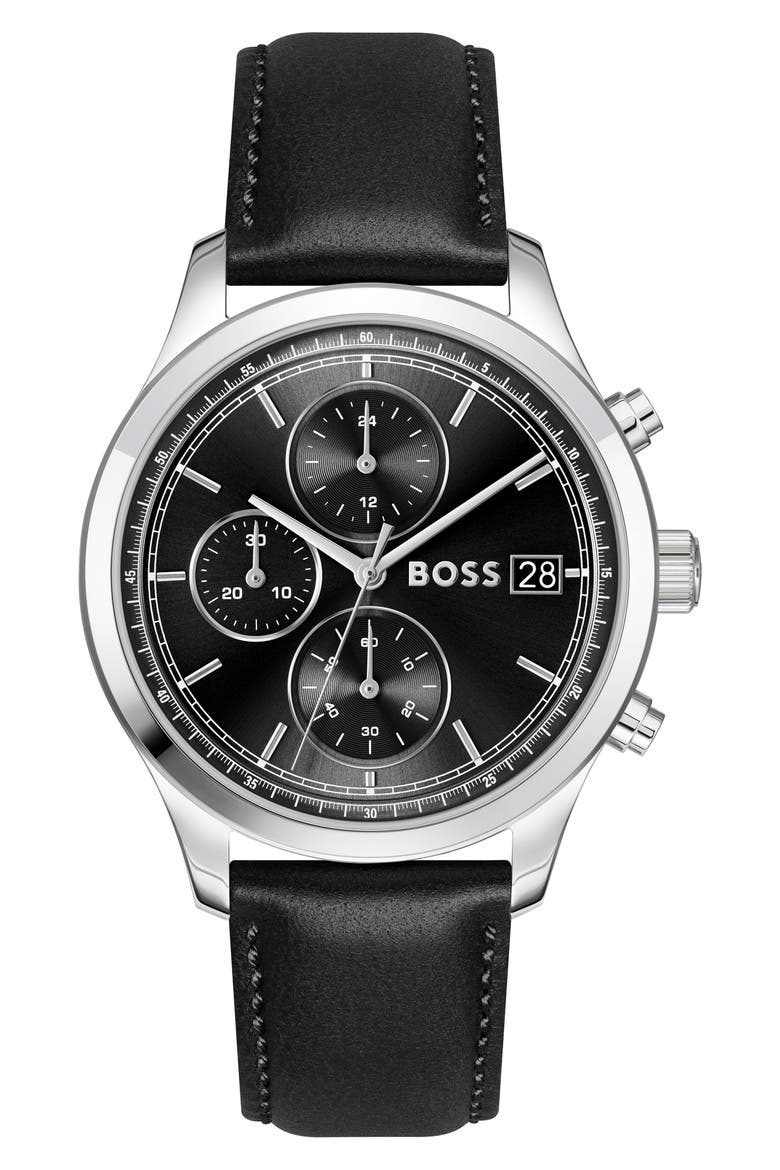 Stratus Chronograph Leather Strap Watch, 41mm, Main, color, BLACK