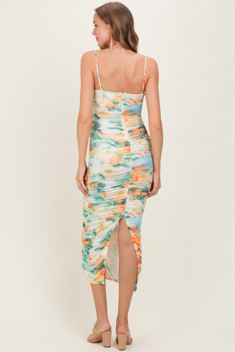 Watercolor Floral Mesh Ruched Sleeveless Dress, Alternate, color, Green