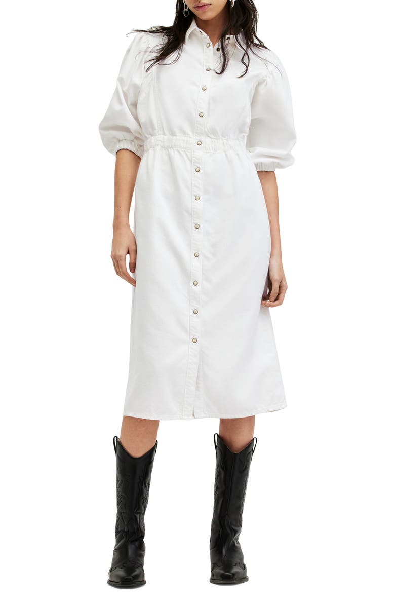 AllSaints Osa Puff Sleeve Denim Shirtdress, Main, color, Chalk White