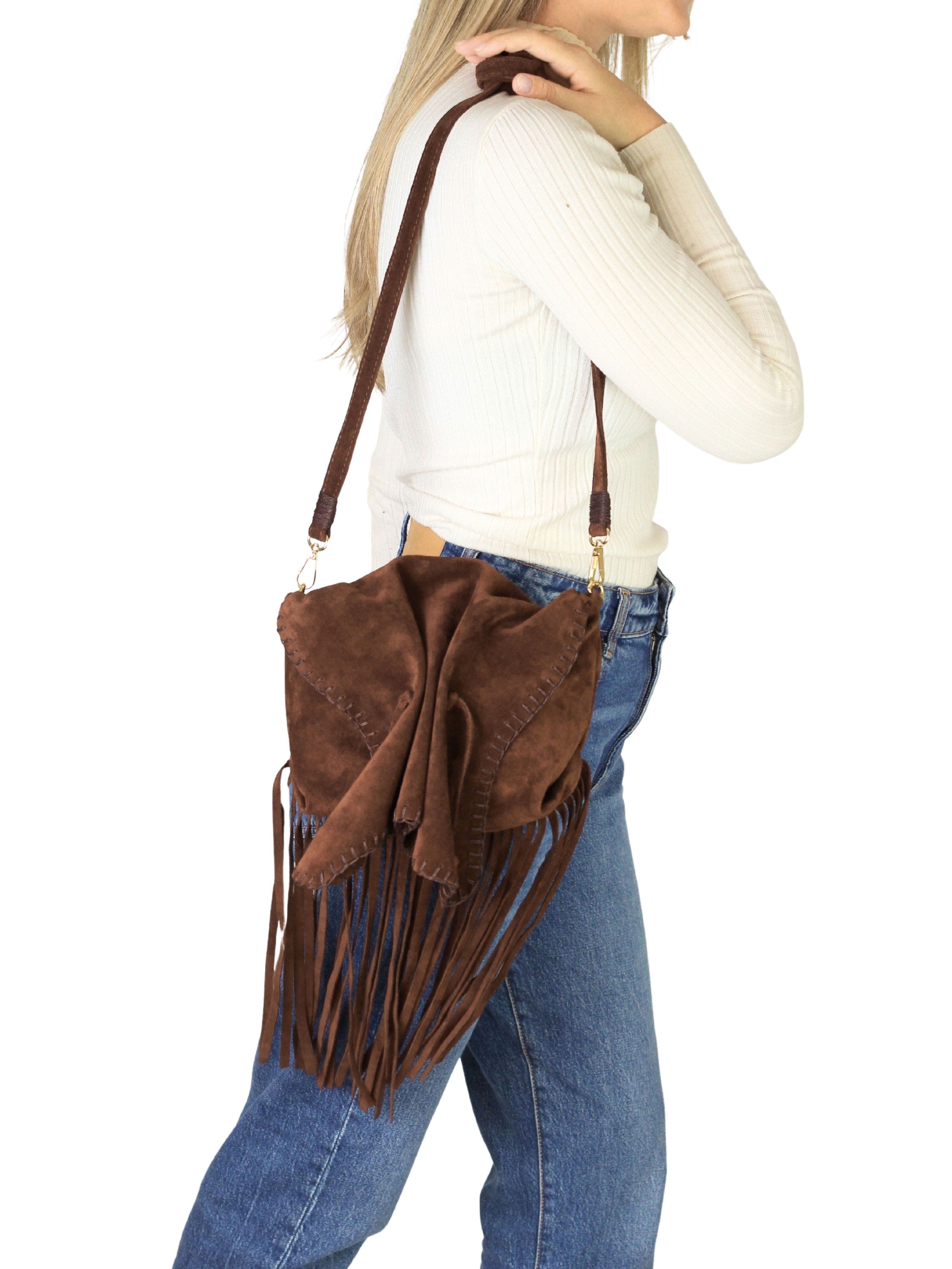 Carlos Falchi Full Size Fringe Suede Butterfly Crossbody Bag, Alternate, color, Cocoa