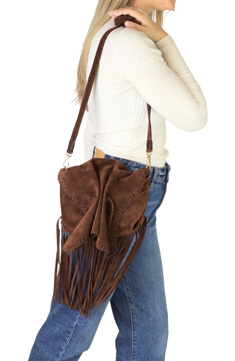 Carlos Falchi Full Size Fringe Suede Butterfly Crossbody Bag, Alternate, color, Cocoa