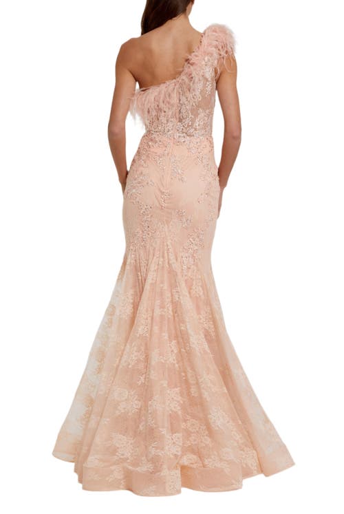 Mac Duggal One Shoulder Feather Embellished Mermaid Gown In Peach