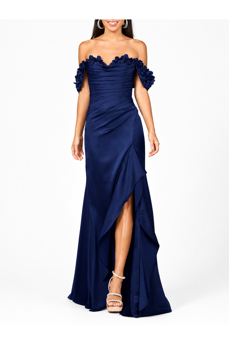 Off Shoulder Crepe Gown, Main, color, Navy