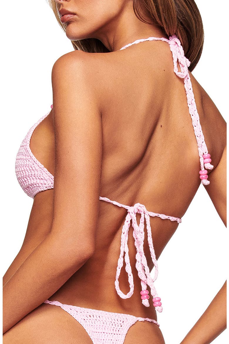 Lanai Crochet Halter Triangle Bikini Top, Alternate, color, BABY PINK