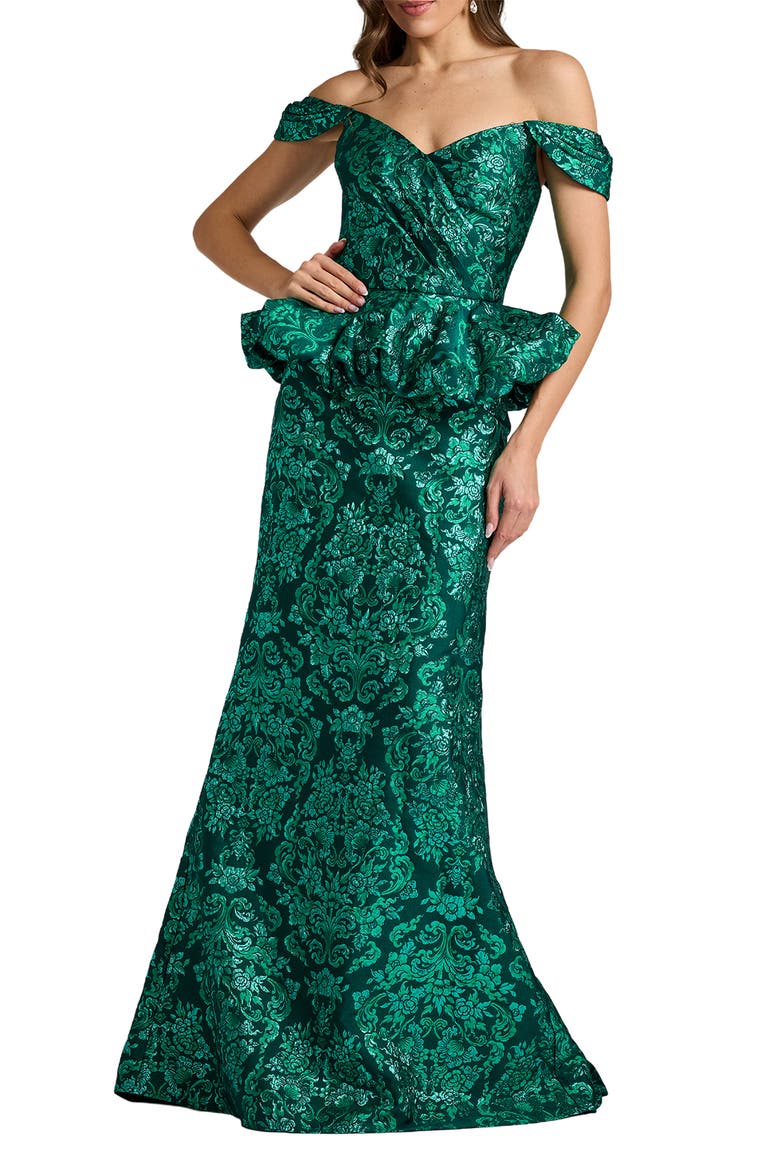 Medallion Jacquard Peplum Gown, Main, color, EMERALD GREEN/ MULTI