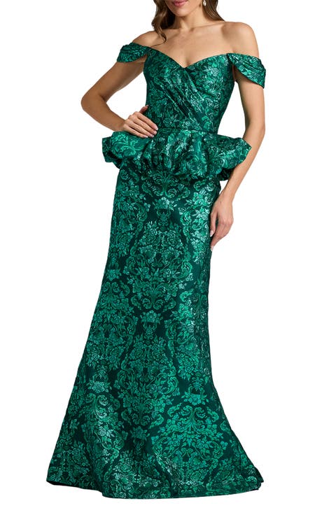 Medallion Jacquard Peplum Gown