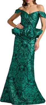 Tadashi Shoji Medallion Jacquard Peplum Gown