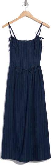Tie Strap Denim Fit & Flare Midi Dress