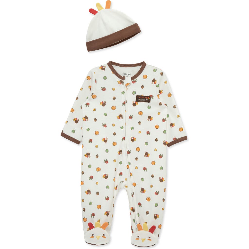 Little Me My First Thanksgiving Cotton Footie & Hat Set In White