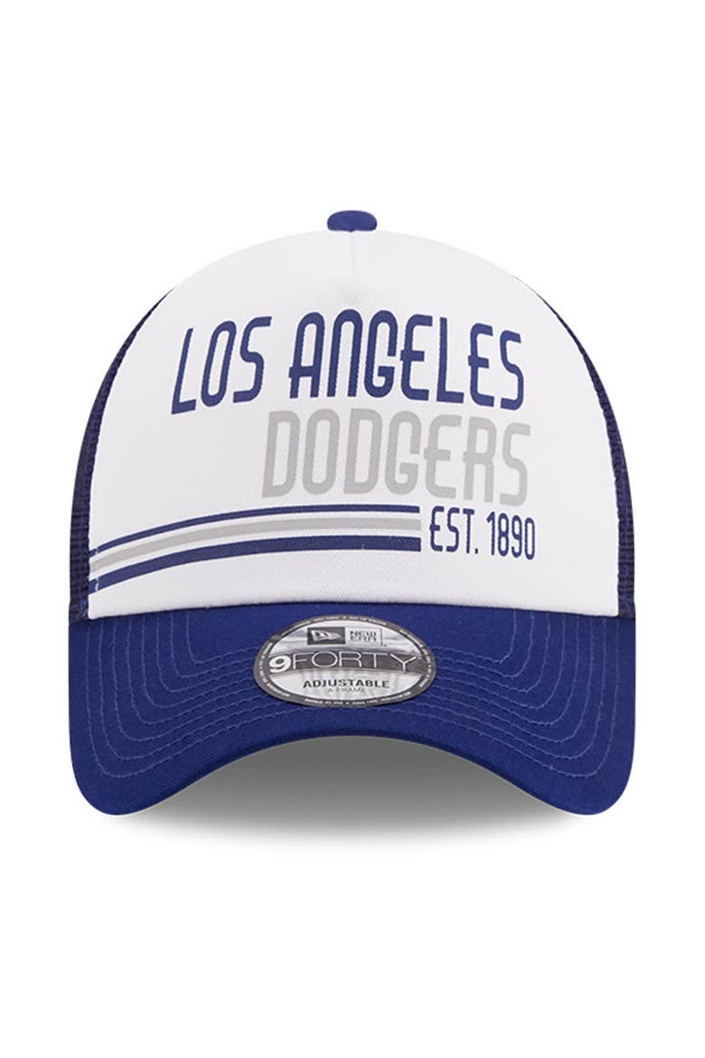 Men's New Era White/Royal Los Angeles Dodgers Stacked A-Frame Trucker 9FORTY Adjustable Hat, Alternate, color, White