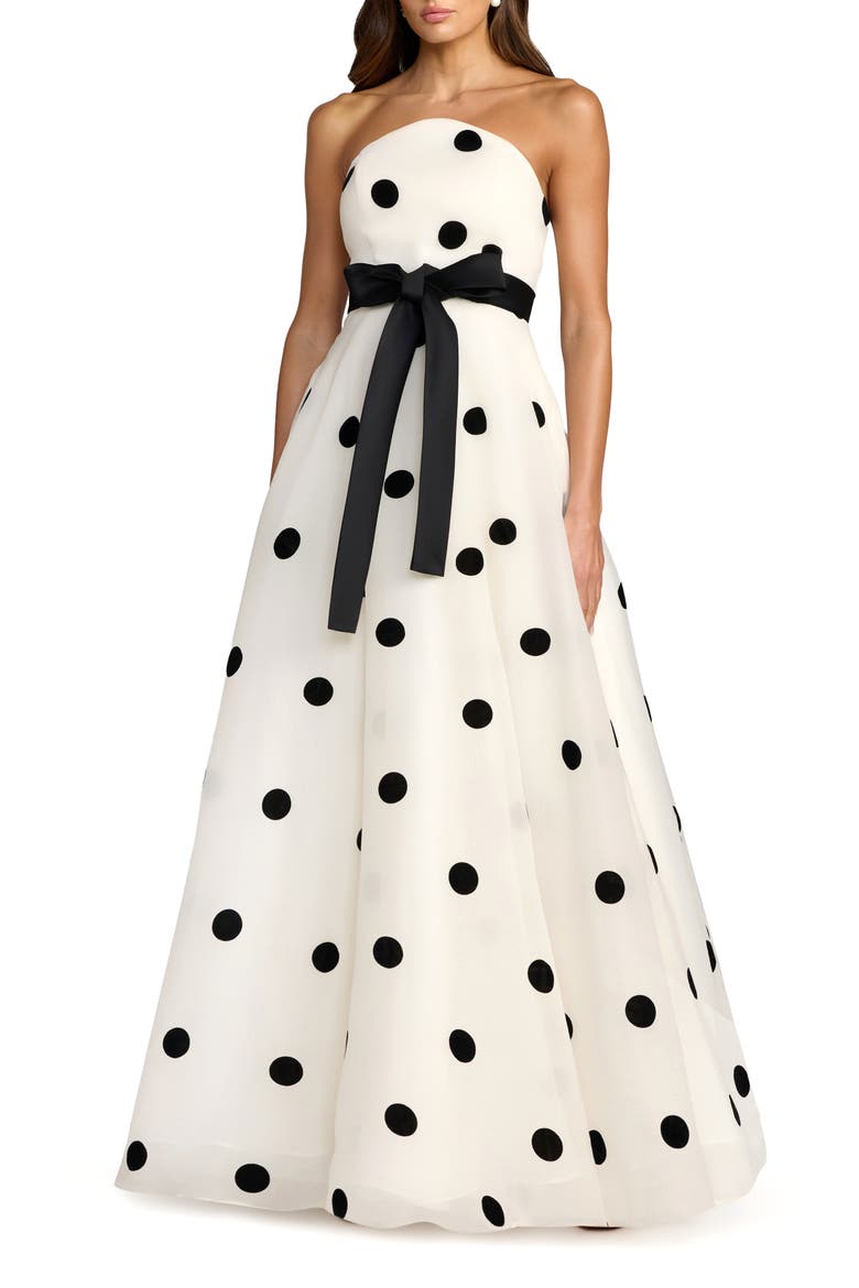 Strapless Polka Dot Organza Ball Gown with Satin Bow, Main, color, Black Ivory