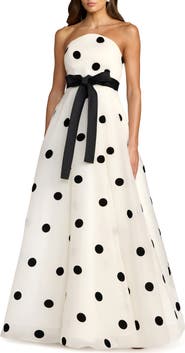 Mac Duggal Strapless Polka Dot Organza Ball Gown with Satin Bow