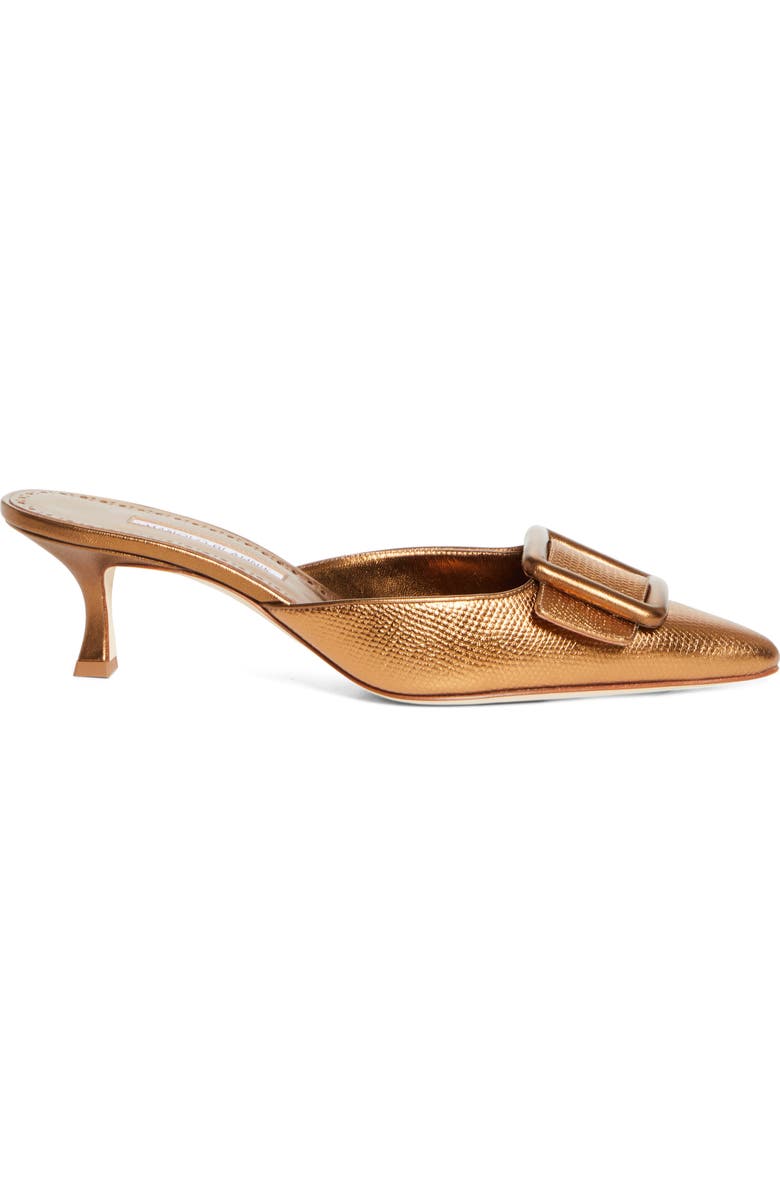 Manolo Blahnik Maysale Buckle Lizard Embossed Metallic Pointed Toe Kitten Heel Mule, Alternate, color, Bronze
