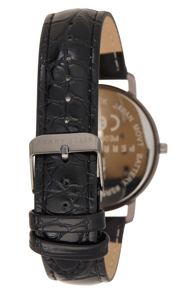 Gunmetal Stripe Dial Diamond Accent Leather Strap Watch, 41mm, Alternate, color, GUNMETAL