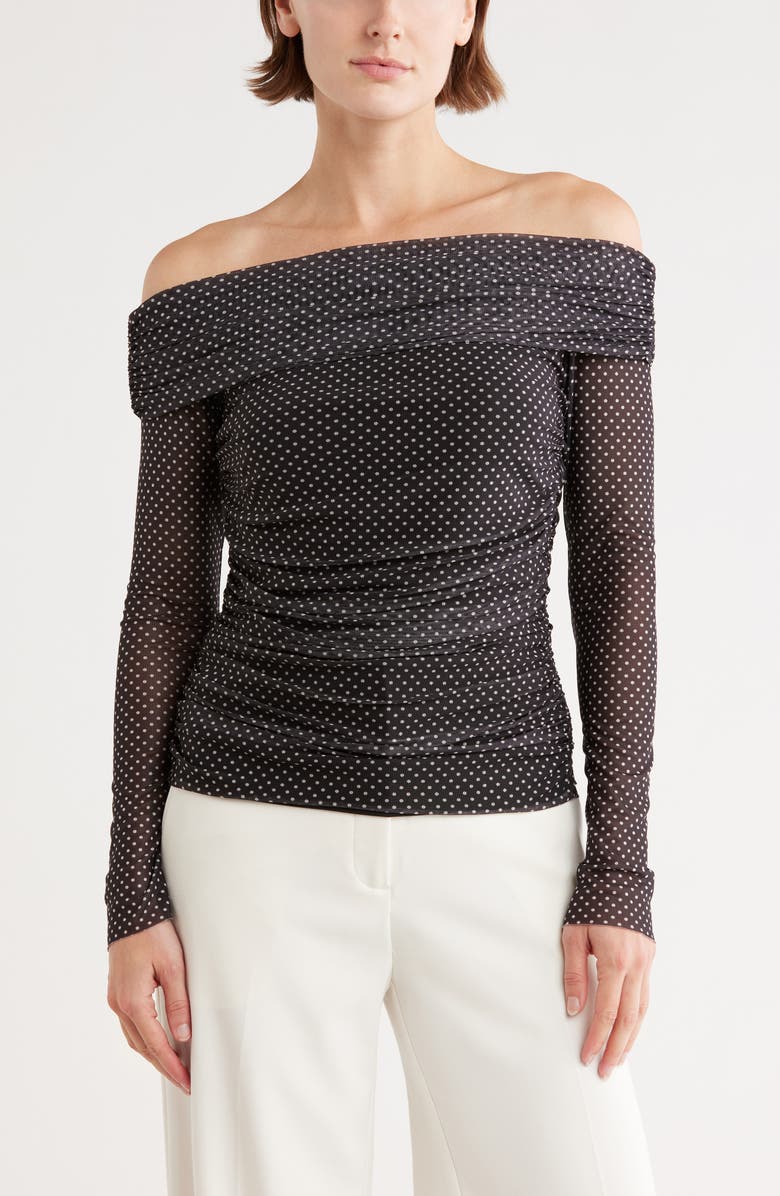 Leith Off the Shoulder Mesh Knit Top, Main, color, Black- White Dot