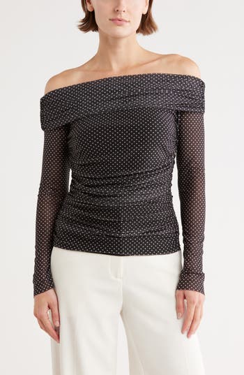 Leith Off The Shoulder Mesh Knit Top In Multi